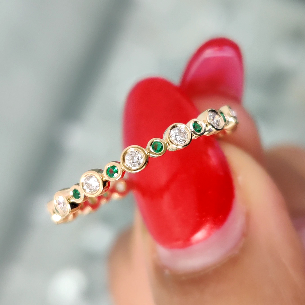 Half Eternity Band, Fancy Cut Lab Diamond Ring, Emerald Ring, Green Round Diamond Engagement Ring, Wedding Band, 14K White Gold outlet Bezel Ring